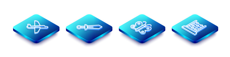 Set Isometric line Toy plane, Sword toy, Butterfly and Abacus icon. Vector