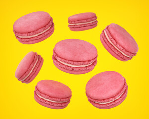 Flying pink macaroons on a yellow background, 3d render