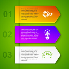 Set line Sun with electric plug, Light bulb leaf, Hydrogen car and Eco concept drive. Business infographic template. Vector