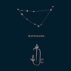 Horoscope, zodiac sign Capricorn in constellation style with line and stars on dark background. Collection of zodiac symbols, set of constellations of stars.