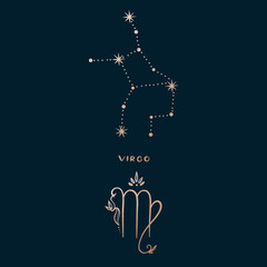 Horoscope, zodiac sign virgo in constellation style with line and stars on dark background. Collection of zodiac symbols, set of constellations of stars.