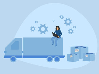 a girl with a computer in her hands sits on a truck, warehouse employee, delivery service, packing boxes for moving, freight transportation, cargo transportation, inventory control, warehouse check, l