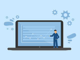 Project presentation, a man shows economic graphs and diagrams on a laptop monitor, a speaker presents technical developments, an interview, a company development plan, an investor search