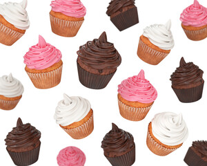 Cupcakes with white, chocolate, pink cream flying on a white background, 3d render