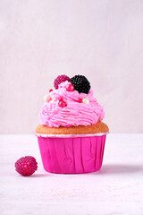 Cupcake with pink icing decorated with sugar sprinkles and jelly berry candy. Serving size dessert