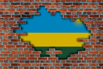 3D Flag of Rwanda behind the broken old stone wall background.