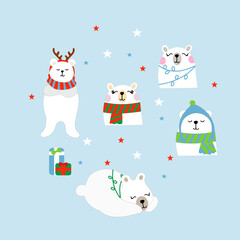 funny little animals illustration polar bear christmas card
