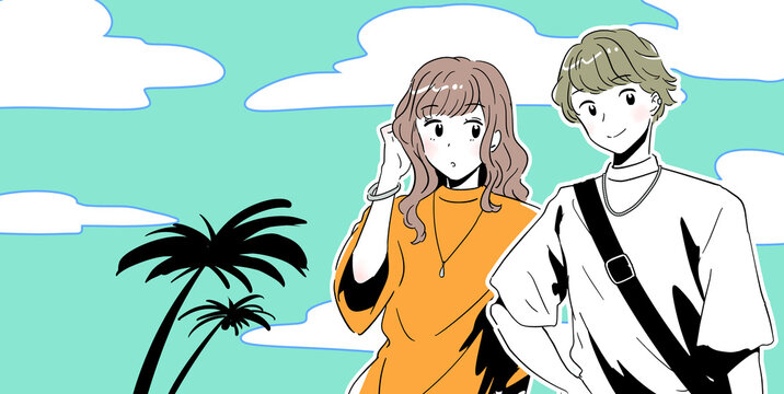 南国リゾート風背景　男女カップルのイラスト