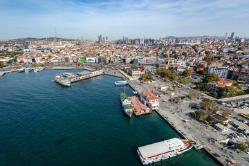 Aerial view of Kadikoy district on the Marmara Sea coast of the Asian side of Istanbul, Turkey.