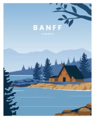 Fotobehang Summer landscape in banff canada with cabin, lake and forest in the background. vector illustration with flat design suitable for poster, card, postcard, art, print. © Butter Bites
