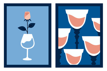 Trendy cards with glass of wine, cocktail, rose. Collection of modern contemporary posters. Vector flat illustration for Valentine's day, holidays, gift, romantic dinner, party, wedding, dating
