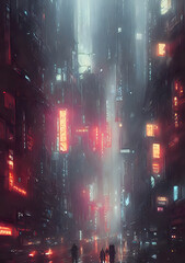 busy street view of a rainy and foggy dark futuristic city with neon lights, glowing advertising signs and skyscrapers - highly detailed - digital painting - concept art - ilustration