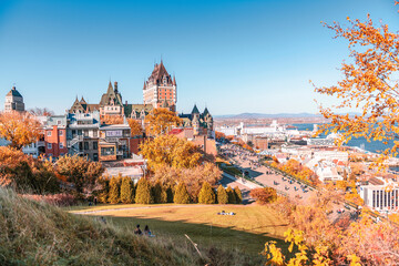 Fototapeta premium The Frontenac Castle Fairmount Hotel in the old Quebec city in Canada with autumn colors.