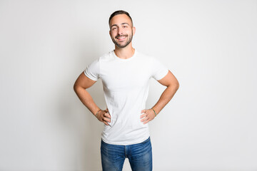 portrait of handsome young man. Cheerful men isolated on gray background studio shot