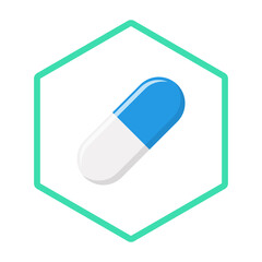 Blue Pill Capsule, Medicine, vector mark symbols green style. Isolated icon.