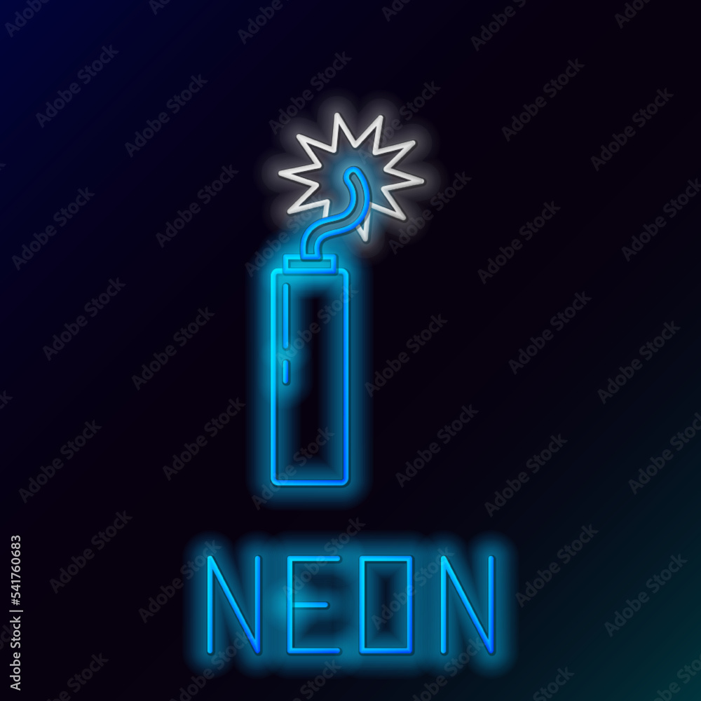 Sticker glowing neon line detonate dynamite bomb stick clock icon isolated on black background. time bomb - 