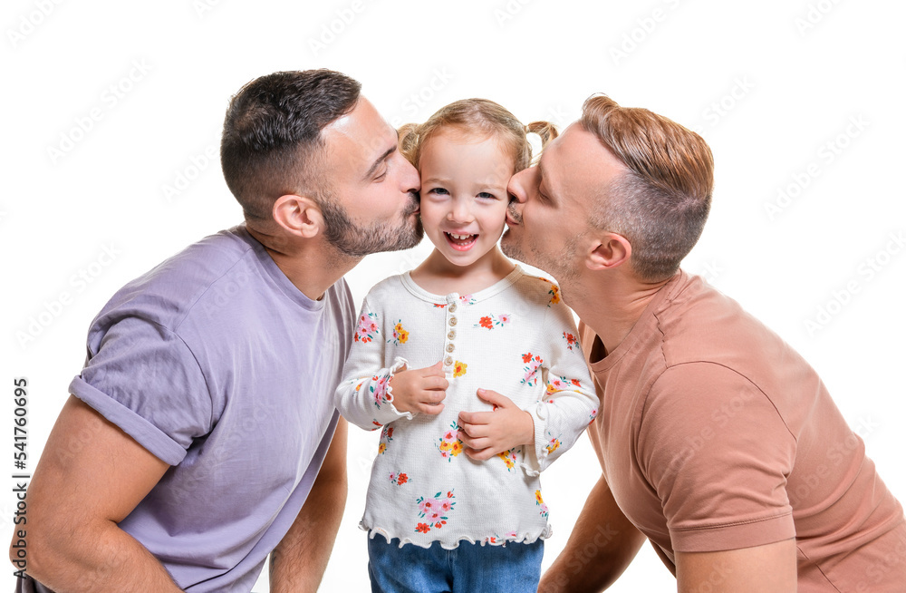 Wall mural Two man couple with adopted child girl on white background