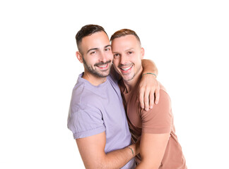 Two young men couple over white background on studio