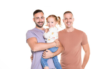 Two man couple with adopted child girl on white background