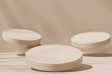 Three round flying podiums on a beige background, 3d render