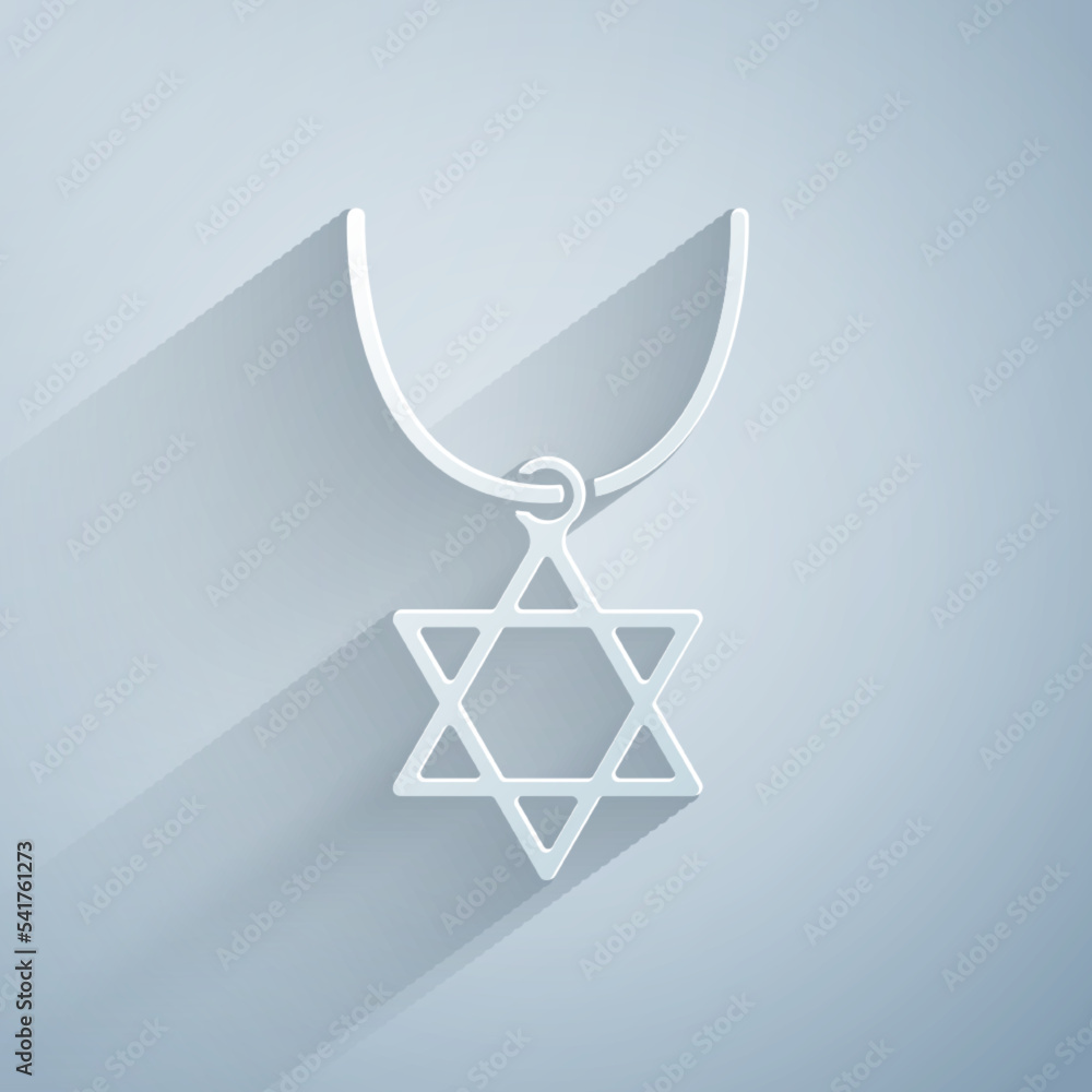 Wall mural Paper cut Star of David necklace on chain icon isolated on grey background. Jewish religion symbol. Symbol of Israel. Jewellery and accessory. Paper art style. Vector