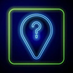 Glowing neon Unknown route point icon isolated on blue background. Navigation, pointer, location, map, gps, direction, search concept. Vector