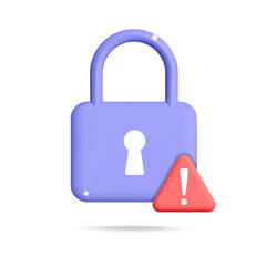 3d vector security  lock protection symbol with alert, hazard and  red danger triangle warning design. Risk, insecure connection, network, login account password and information concept illustration.