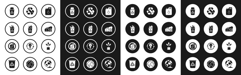 Fototapeta premium Set Canister for gasoline, Recycle bin with recycle symbol, and can, Eco friendly house, Recycling plastic bottle, Plant and No canister icon. Vector
