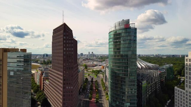 modern offices glass towers in downtown. Buttery soft aerial view flight berlin