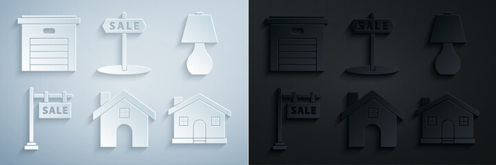 Set House, Table lamp, Hanging sign with text Sale, and Garage icon. Vector