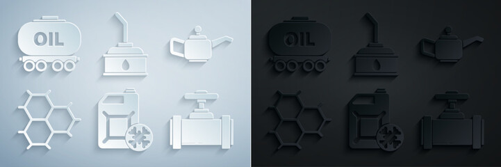 Set Antifreeze canister, Canister for motor machine oil, Chemical formula consisting of benzene rings, Industry metallic pipes and valve, and Oil railway cistern icon. Vector