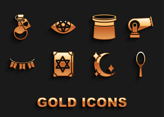 Set Ancient magic book, Cannon, Magic hand mirror, Moon stars, Carnival garland with flags, Magician hat, Bottle love potion and Pentagram icon. Vector