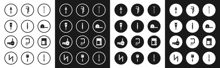 Set Metallic nail, Pencil with eraser, Paint brush, Trowel, Roulette construction, Clamp tool, Cement bag and Angle grinder icon. Vector