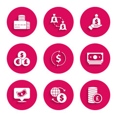 Set Financial growth and dollar, Money exchange, Coin money with pound, Stacks paper cash, Currency, Hand holding bag and Credit card icon. Vector