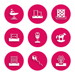Set Trash can, Kite, Ferris wheel, Horse in saddle swing, Swedish wall, Abacus, Climbing and Swing boat icon. Vector