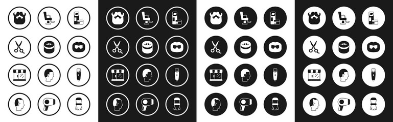 Set Shaving gel foam, Gel or wax for hair styling, Scissors hairdresser, Mustache and beard, Barbershop chair, Hair clipper and building icon. Vector