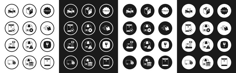 Fototapeta premium Set rice tag with Free, Carton cardboard box, Envelope and check mark, Forklift truck, Fragile broken glass and Scale icon. Vector
