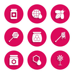 Set Jar of honey, Honeycomb, Flower, dipper stick with dripping, Bee and icon. Vector