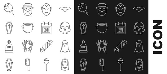 Set line Funny and scary ghost mask for Halloween, Ghost, Skull, Vampire, witch cauldron, Coffin with christian cross, Eye and Calendar date 31 october icon. Vector