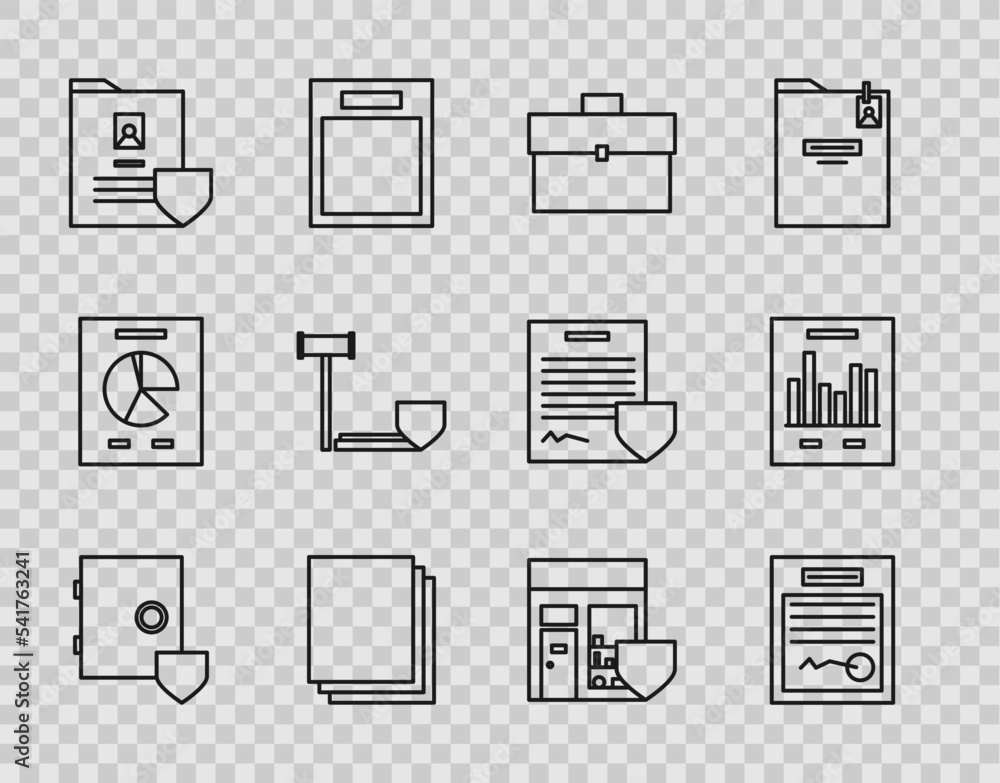 Poster set line safe with shield, filled form, briefcase, clean paper, document, judge gavel, shopping buil