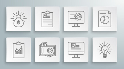 Set line Clipboard with graph chart, resume, Safe and money, Computer monitor, Light bulb rays shine concept of idea, Document and Money bag icon. Vector
