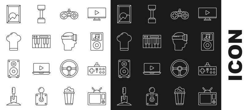 Set line Television, Gamepad, Music player, synthesizer, Chef hat, Picture landscape and Virtual reality glasses icon. Vector