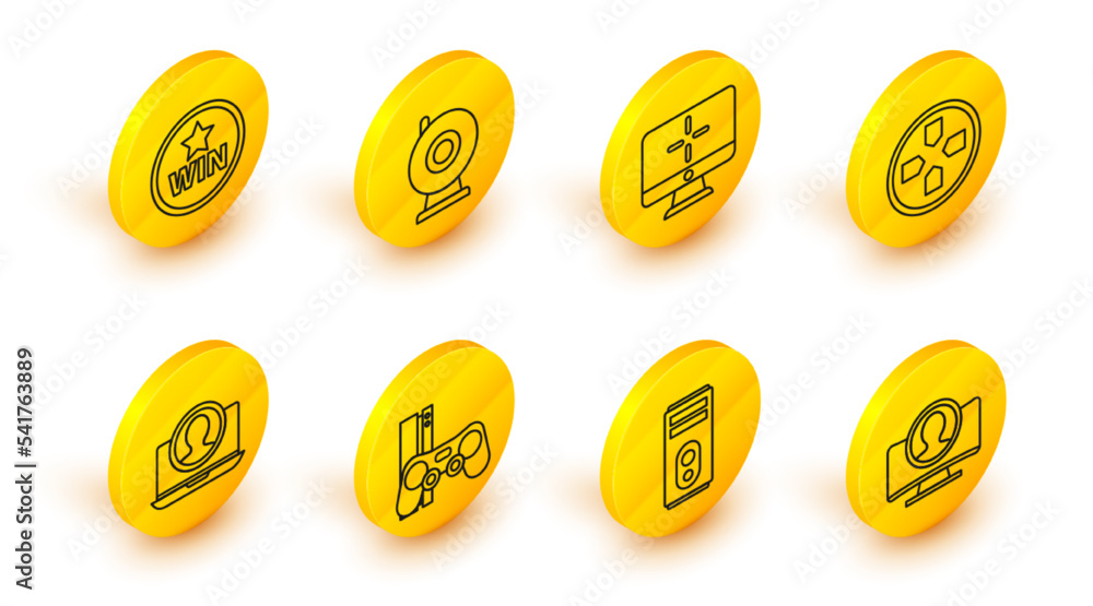 Poster set line create account screen, computer, game console with joystick, gamepad, monitor, web camera a