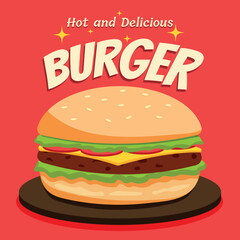 Delicious burger, vector illustration for banner, poster, cover, packaging, for advertising, for business