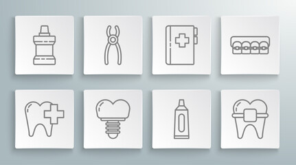 Set line Dental clinic for dental care tooth, pliers, implant, Tube of toothpaste, Teeth with braces, Clipboard card, and Mouthwash plastic bottle icon. Vector