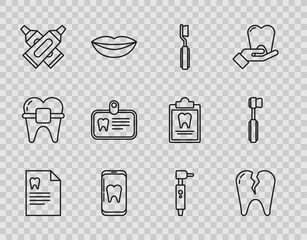Set line Clipboard with dental card, Broken tooth, Toothbrush, Online care, Crossed tube of toothpaste, Id, drill and icon. Vector