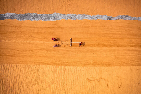 Aerial view of farmers working in a field drying rice on a rice field in Dhamrai, Dhaka, Bangladesh.