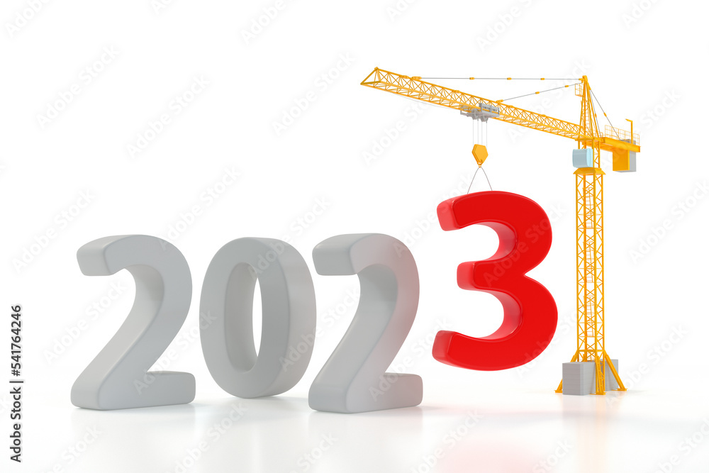 Poster build the future concept. tower crane with 2023 year sign on a white background. 3d rendering