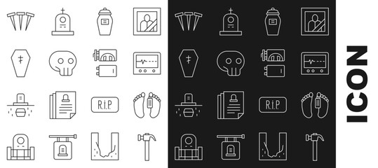 Set line Hammer, Dead body, Beat dead in monitor, Funeral urn, Skull, Coffin with cross, Metallic nails and Crematorium icon. Vector