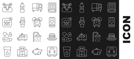 Set line Bathroom scales, Junk food, Mobile with heart rate, Bed, Smart watch, Bench barbel and Alarm clock icon. Vector